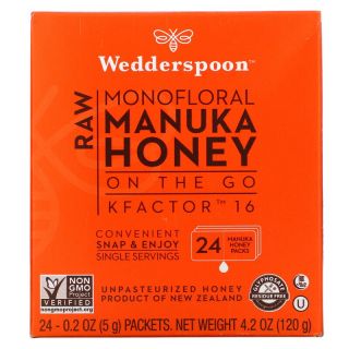 Wedderspoon, Raw Manuka Honey Single Nectar, Perfect for Travel, KFactor 16, 24 Packets, 0.2 oz (5 g) Each.
