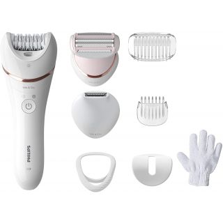 Philips Epilator Series 8000.Wet and Dry Cordless Hair Removal for Legs and Body with 8 Accessories.Shaving head and trimming comb. Exfoliation glove. 3 pin, BRE720/01.