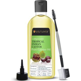 Castor Oil for Eyelashes, Eyebrows by Soulflower Pure Tropical Indian Coldpressed Oil - Boosts Hair Growth 6.77 fl. Oz. Hexane Free with - BONUS Nozzle & Brush
