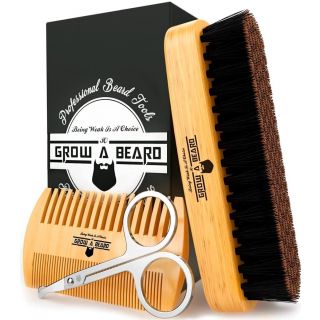 Beard Brush & Comb Set w/ Beard Scissors Grooming Kit, Beard Brush For Men, Natural Boar Bristle Beard Brush, Men's Beard Brush, Boars Hair Beard Brush, Beard Brush Set, Wood Comb Great For Mustaches (Bamboo)
