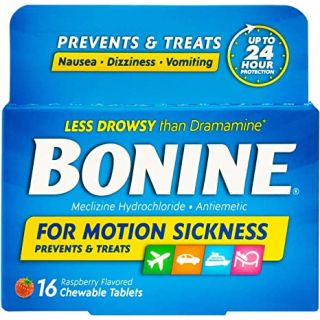 Non-Drowsy Bonine for Motion Sickness Relief, Sea Sickness, Car Sickness, Nausea and Vomiting, with Meclizine Hcl 25mg, Raspberry, Travel-Sized 32ct