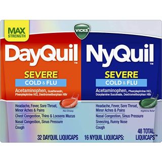 Vicks DayQuil and NyQuil SEVERE Combo, Cold & Flu Medicine, Max Strength Relief For Fever, Sore Throat, Nasal Congestion, Sinus Pressure, Stuffy Nose, Cough, 32 DayQuil, 16 NyQuil - Packaging May Vary