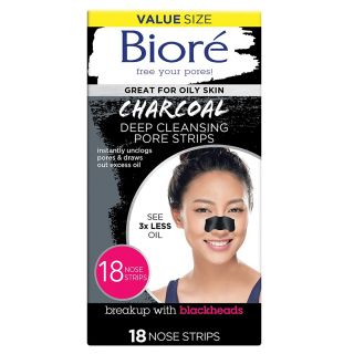 Bioré Charcoal Deep Cleansing Pore Strips, Nose Strips for Blackhead Removal on Oily Skin, with Instant Pore Unclogging, Features Natural Charcoal, See 3x Less Oil, 18 Count