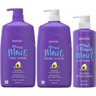 Aussie Miracle Moist Shampoo, Conditioner and 3 Minute Miracle Deep Conditioner Hair Treatment Bundle, Infused with Avocado & Australian Jojoba Oil, Paraben Free
