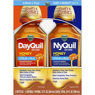 Vicks DayQuil & NyQuil Severe Honey Cold and Flu Medicine, 12 oz Each, Maximum Strength, Relieves Cough, Sore Throat, Fever, Congestion
