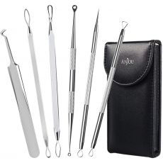 Anjou Blackhead Remover Comedone Extractor, Curved Blackhead Tweezers Kit, 6-in-1 Professional Stainless Pimple Acne Blemish Removal Tools Set