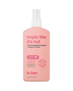 b.tan SPF 15 Deep Dry Spray Tanning Oil | Tropic Like It's Hot - Get a Tropic Glow, Keeps Skin Hydrated, Loved Up & Hot AF from Grapefruit, Tangerine, Vitamins C, B5, E, A + Touch of Self Tan, 8 Fl Oz
