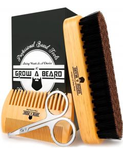 Beard Brush & Comb Set w/ Beard Scissors Grooming Kit, Beard Brush For Men, Natural Boar Bristle Beard Brush, Men's Beard Brush, Boars Hair Beard Brush, Beard Brush Set, Wood Comb Great For Mustaches (Bamboo)
