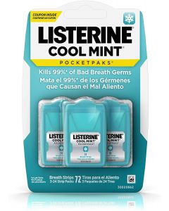 Listerine Cool Mint Pocketpaks Breath Strips Kills Bad Breath Germs, 24-Strip Pack, 3 Pack

