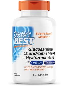 Doctor's Best Glucosamine Chondroitin MSM + Hyaluronic Acid with OptiMSM Featuring Biocell Collagen, Joint Support, Non-GMO, Gluten & Soy Free, 150 Caps